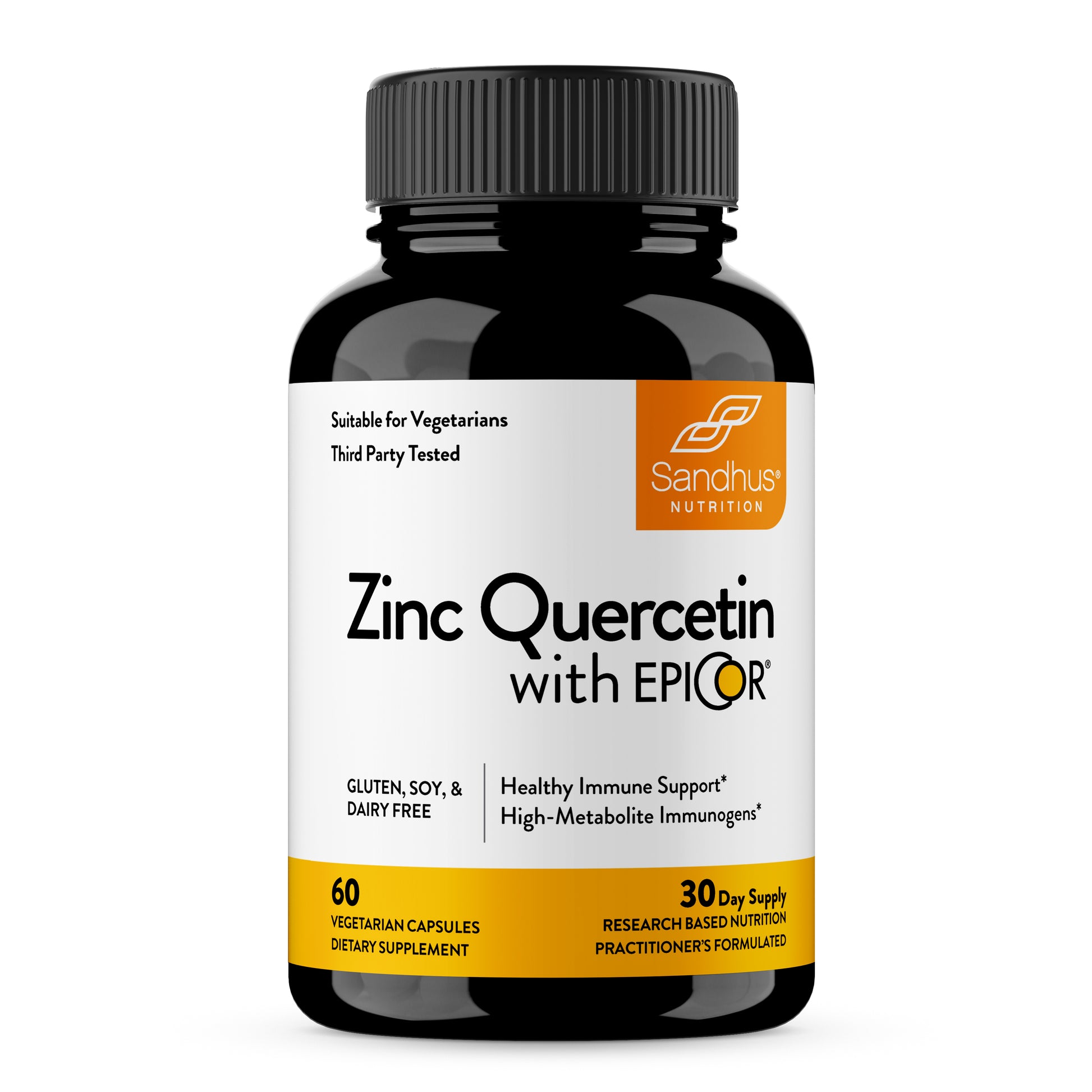Supplement bottle labeled 'Zinc Quercetin with EPICOR' by Sandhus Nutrition on a white background