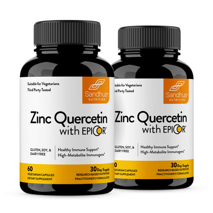 Two bottles of Zinc Quercetin with EPICOR by Sandhus Nutrition on a white background