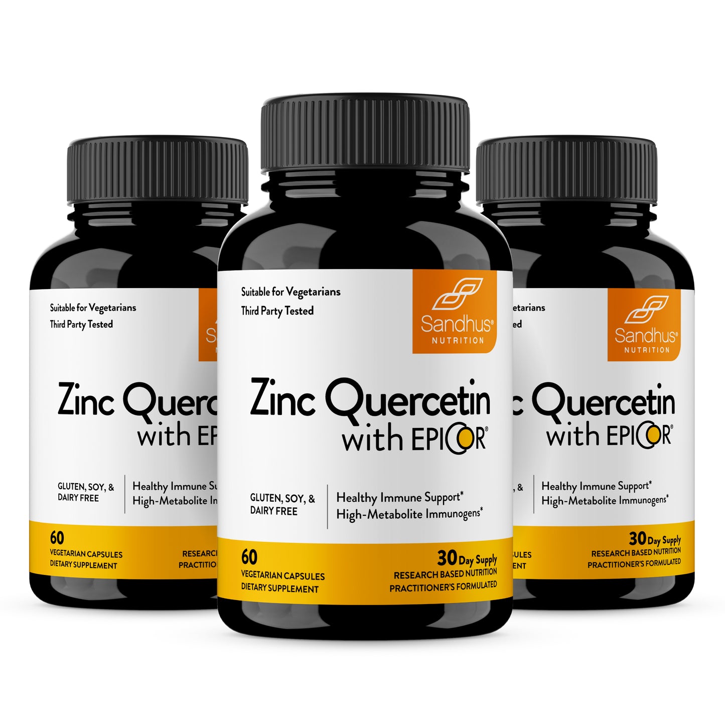 Three bottles of Zinc Quercetin with EPICOR supplements on a white background
