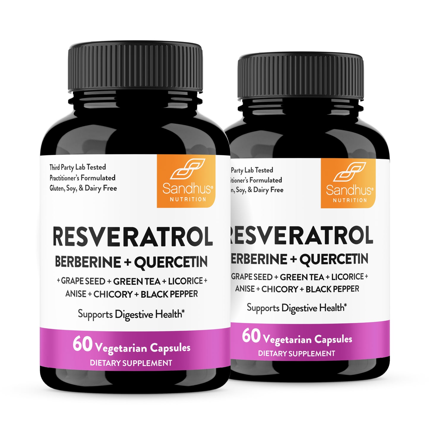 Two bottles of Sandhus Nutrition Resveratrol Berberine + Quercetin dietary supplements on a white background.