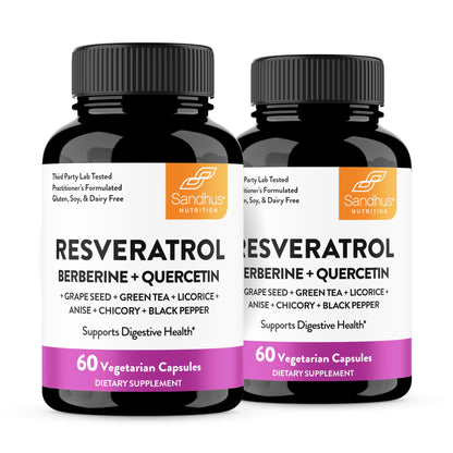 Two bottles of Sandhus Nutrition Resveratrol Berberine + Quercetin dietary supplements on a white background.
