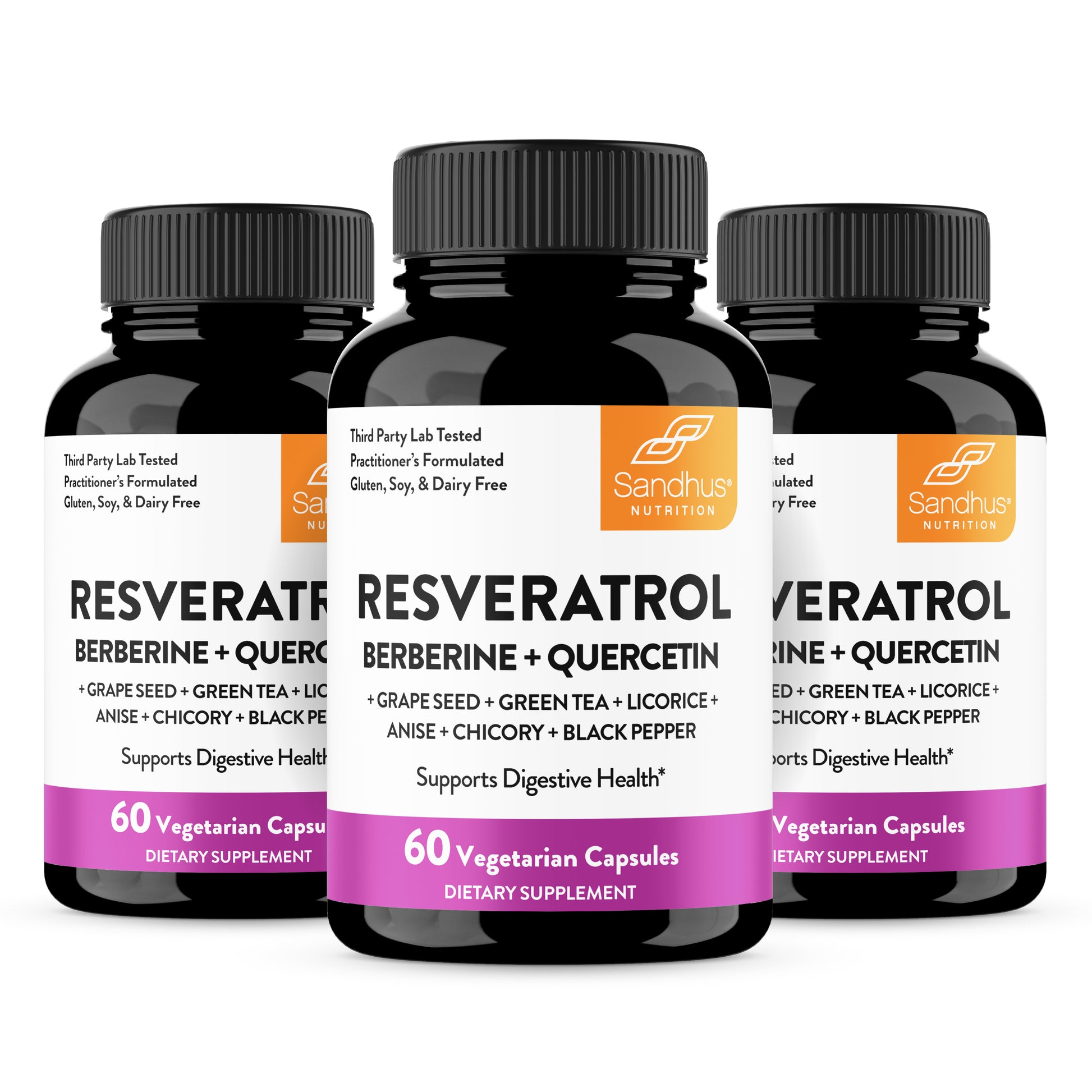 Three bottles of Sandhus Nutrition Resveratrol Berberine + Quercetin dietary supplements on a white background.
