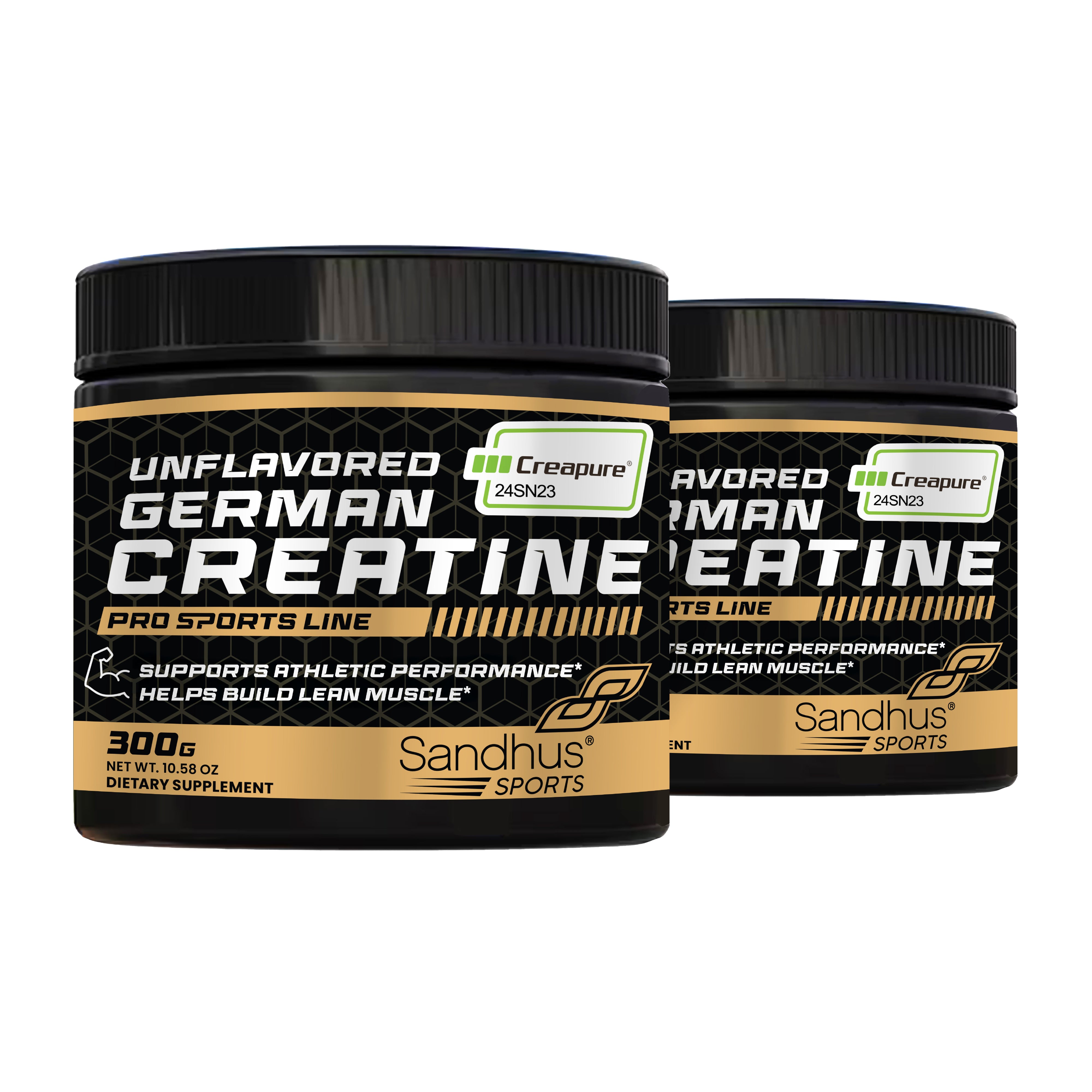 Two containers of Sandhus Sports German Creatine on a white background