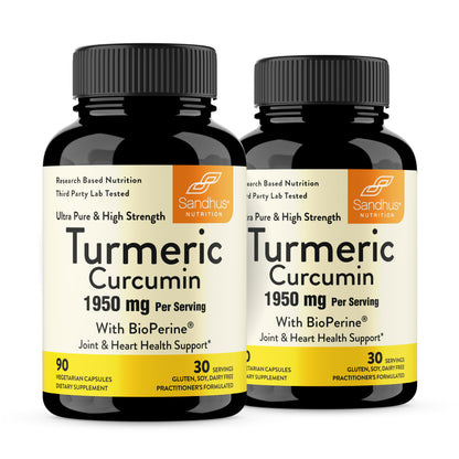 Two bottles of Sandhus Turmeric Curcumin supplement on a white background