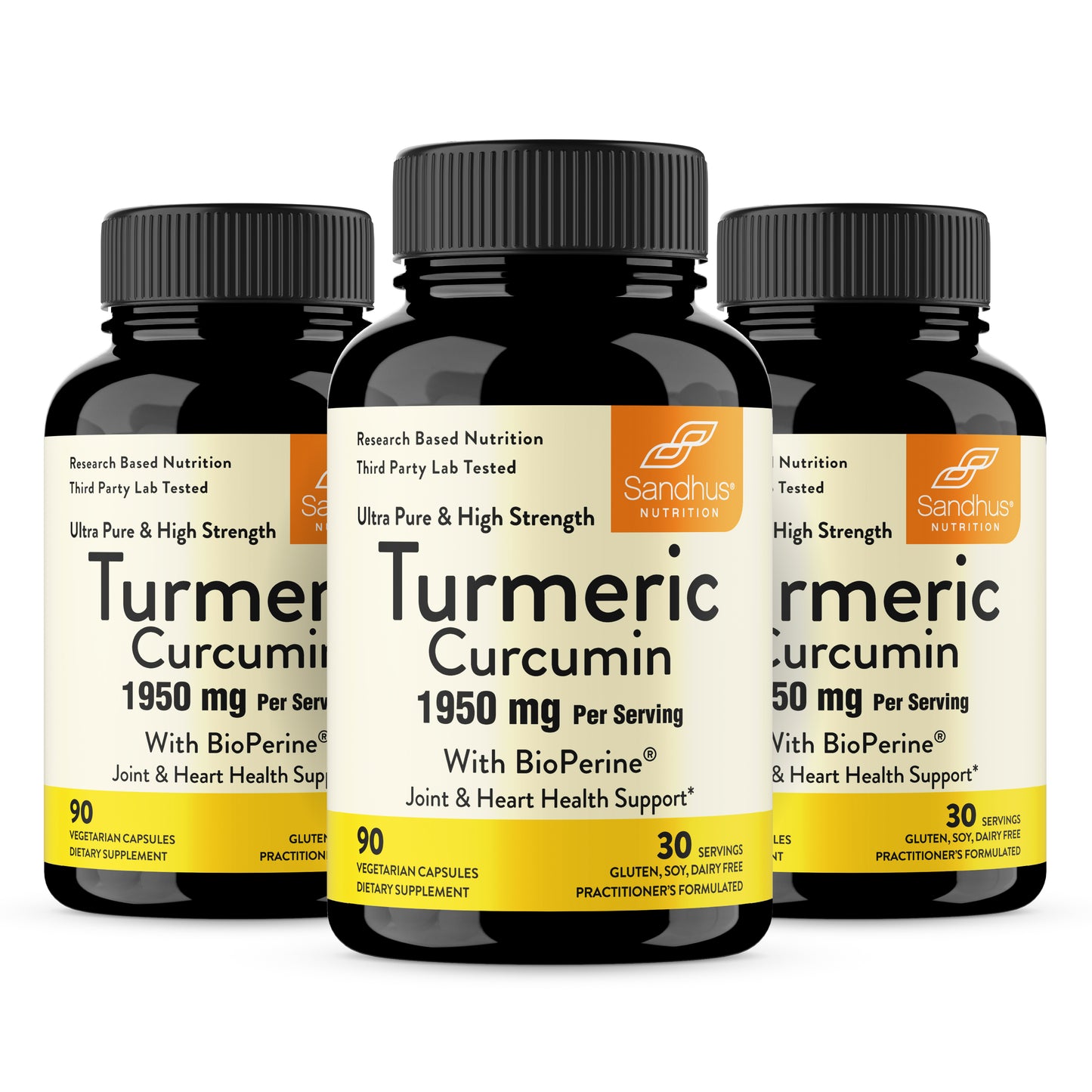 Three bottles of Turmeric Curcumin supplement with Sandhus Nutrition label on a white background