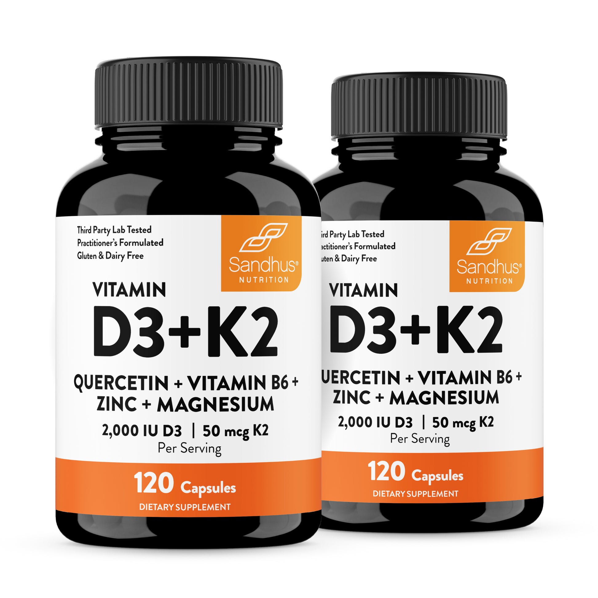 Two bottles of Sandhus Vitamin D3+K2 supplement on a white background