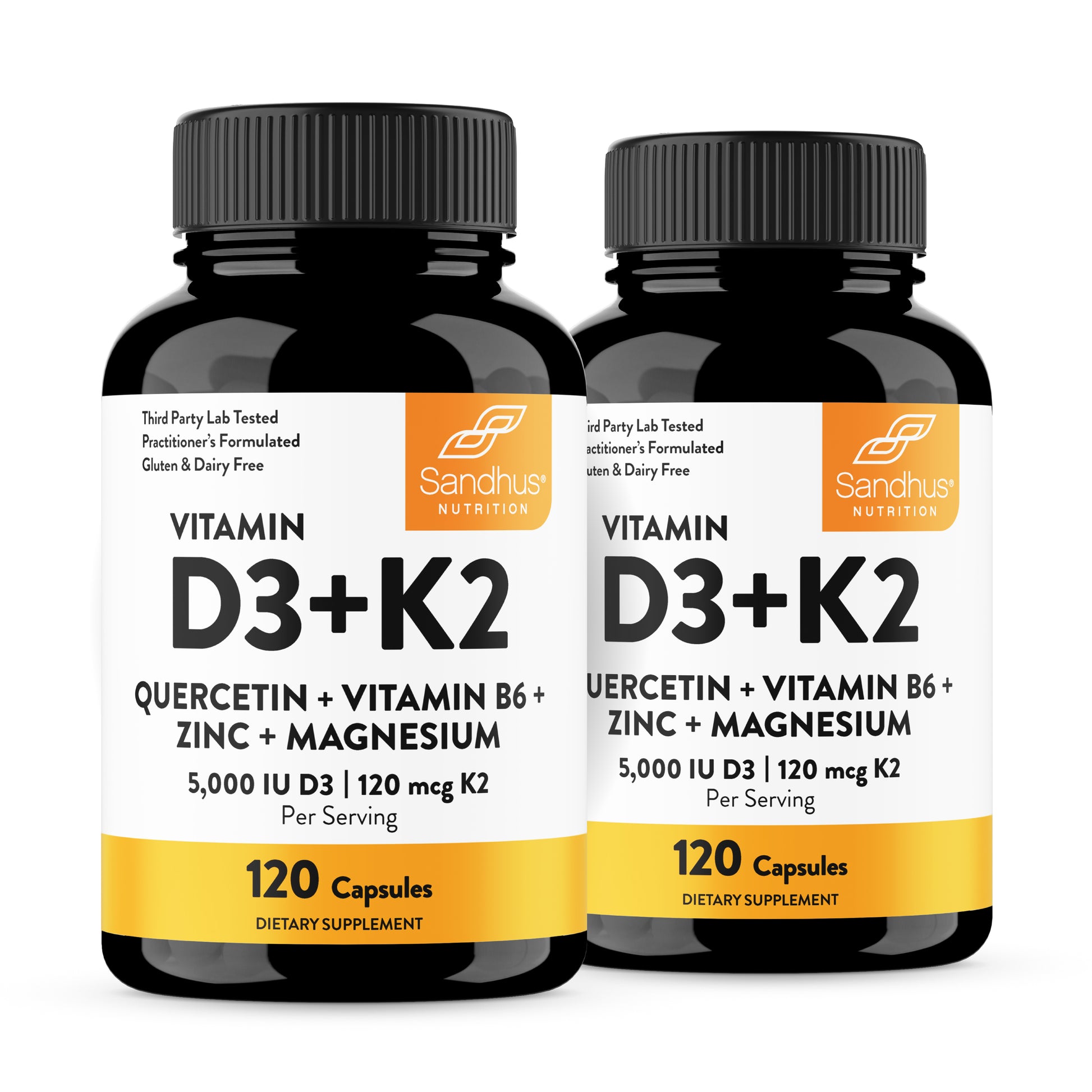 Two bottles of Sandhus Nutrition Vitamin D3+K2 supplement on a white background