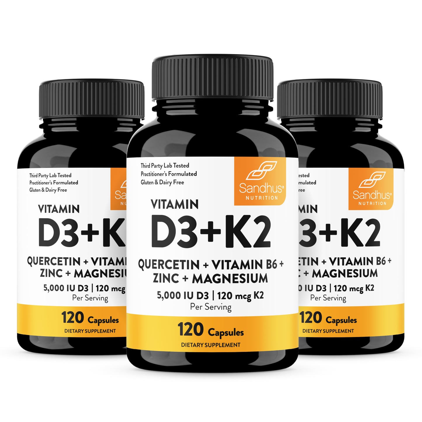 Three bottles of Sandhus Vitamin D3+K2 dietary supplements on a white background