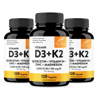 Three bottles of Sandhus Vitamin D3+K2 dietary supplements on a white background