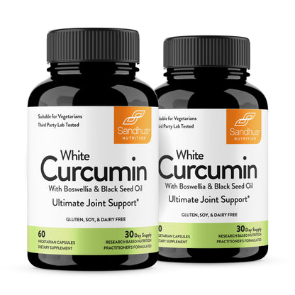 Two bottles of Sandhus Nutrition White Curcumin supplement on a white background