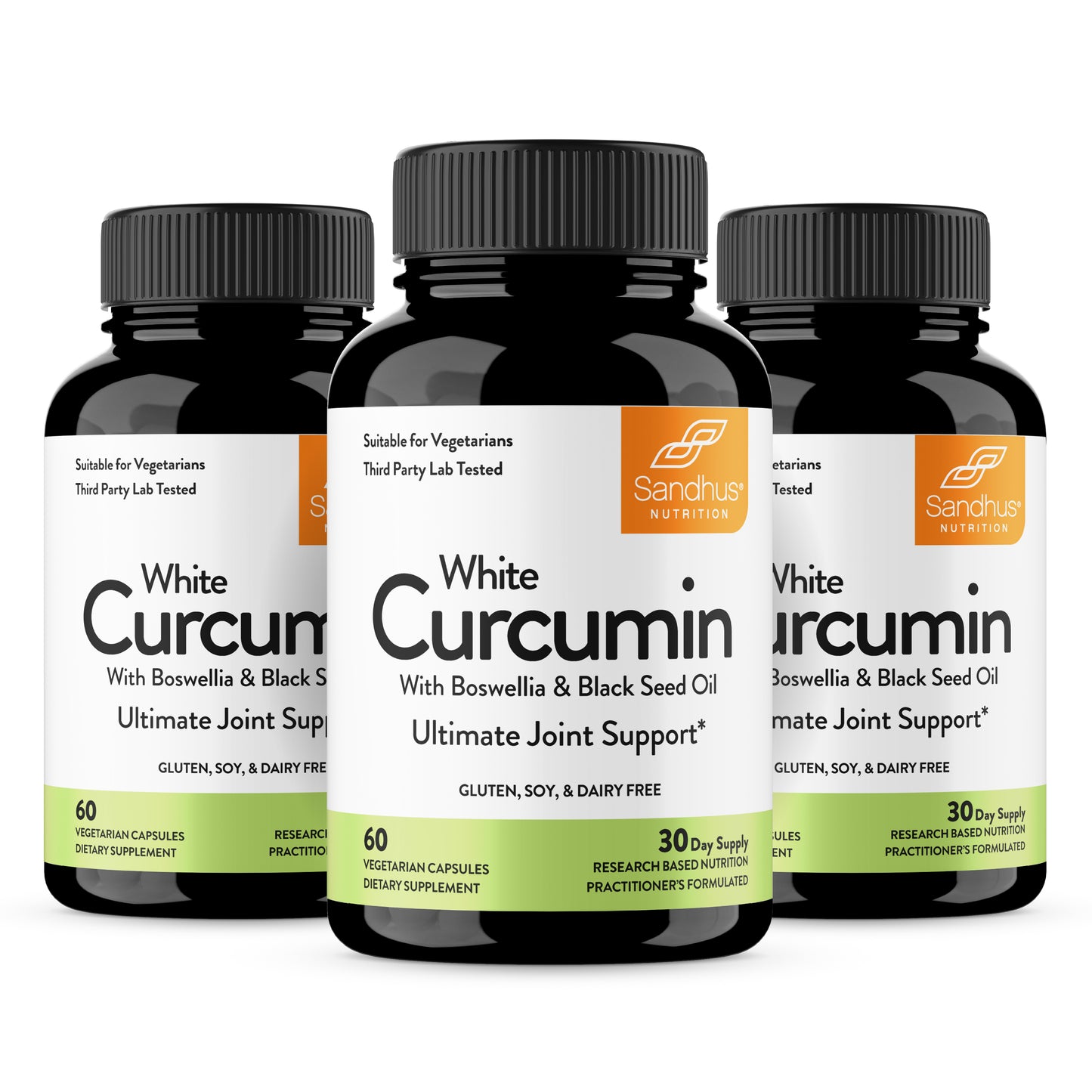 Three bottles of White Curcumin supplement on a white background