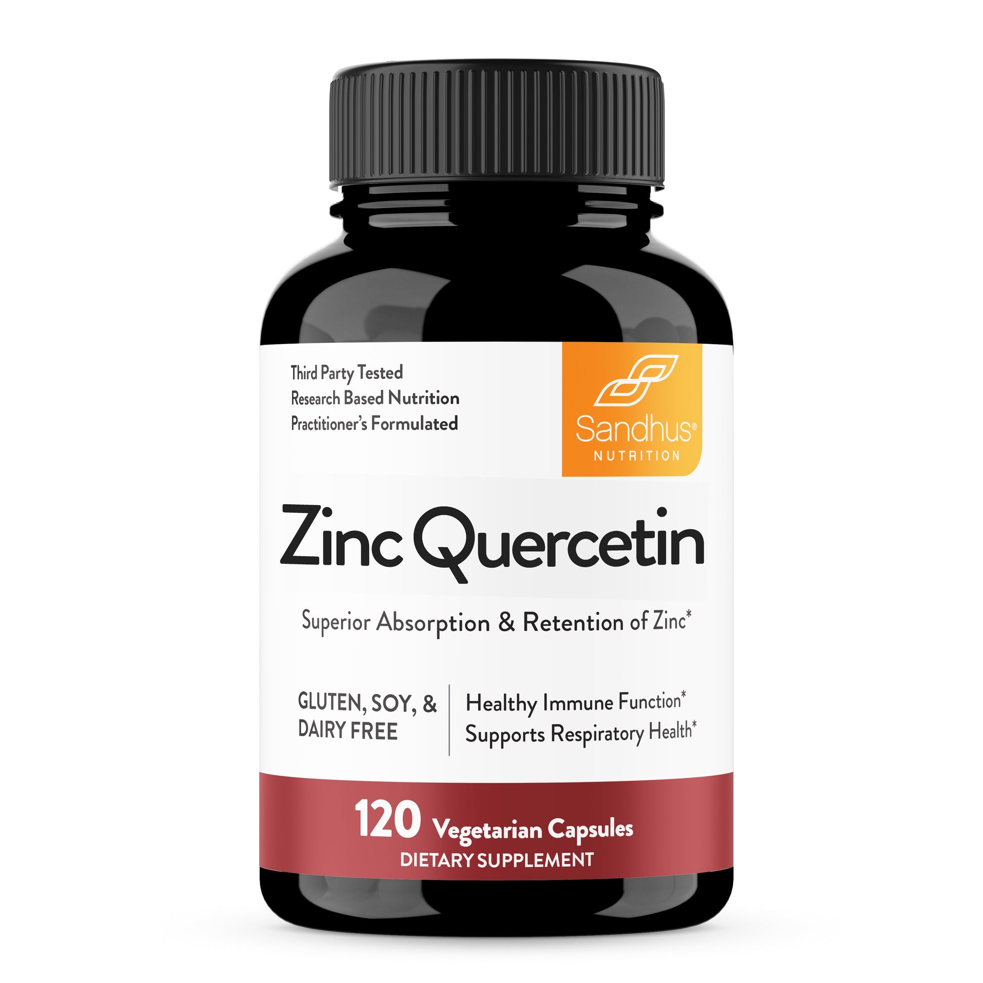 Supplement bottle labeled 'Zinc Quercetin' by Sandhus Nutrition on a white background