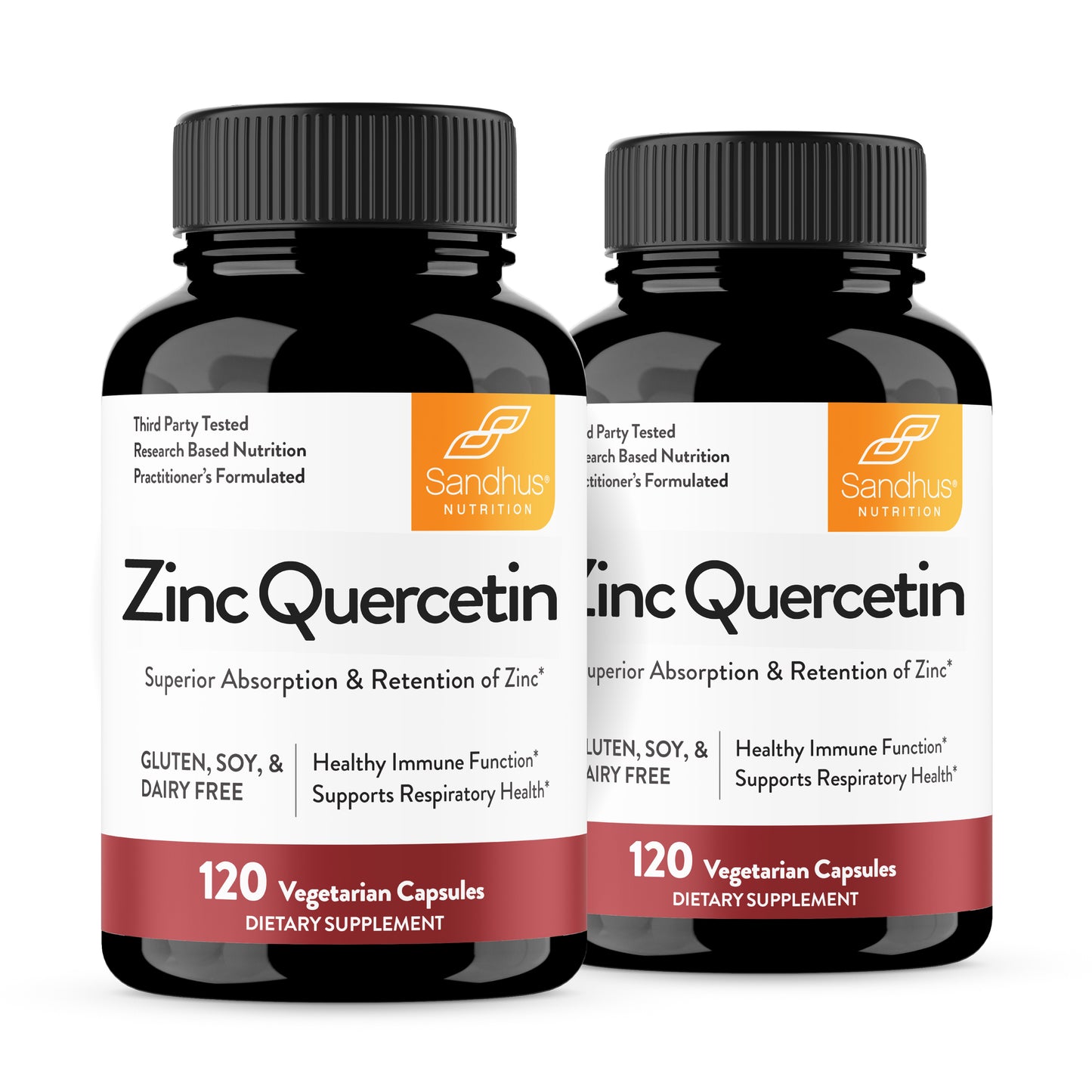 Two bottles of Zinc Quercetin supplement by Sandhus Nutrition on a white background