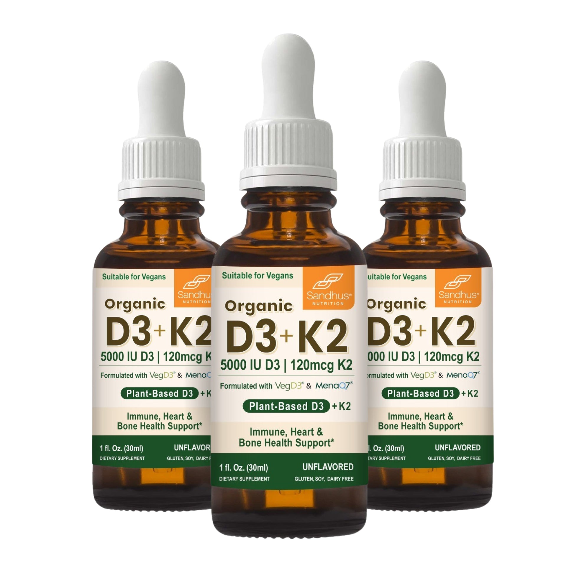 Three bottles of Organic D3 + K2 supplement with droppers on a white background