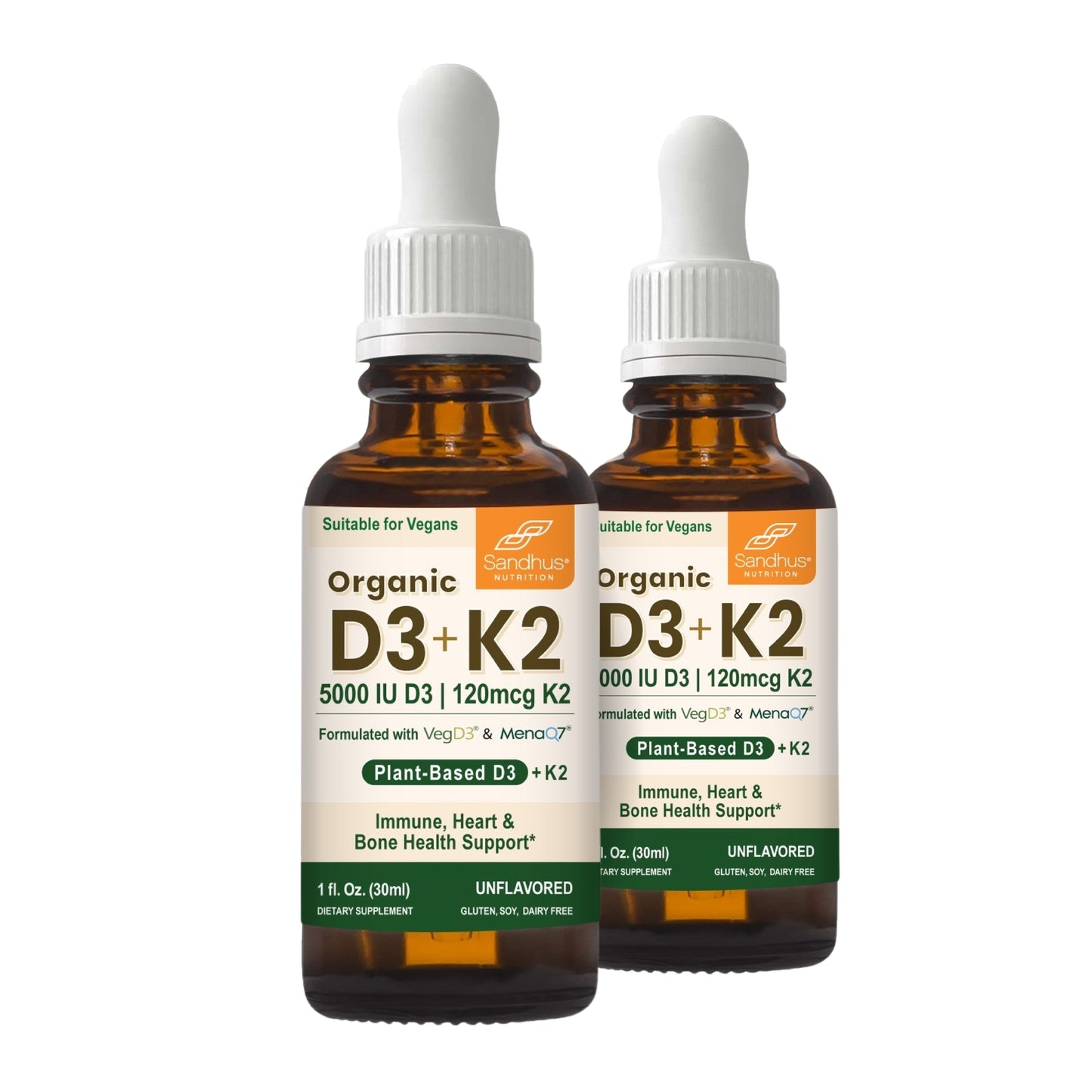 Two bottles of Organic D3+K2 supplement with droppers on a white background
