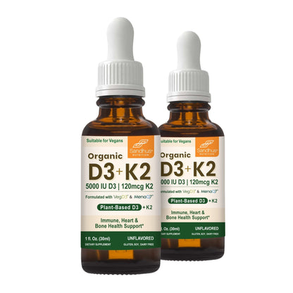 Two bottles of Organic D3+K2 supplement with droppers on a white background