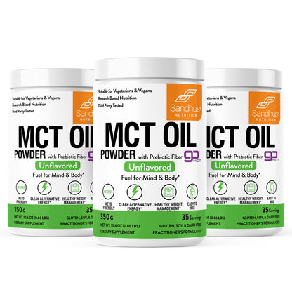 Three containers of Sandhus Nutrition MCT Oil Powder on a white background