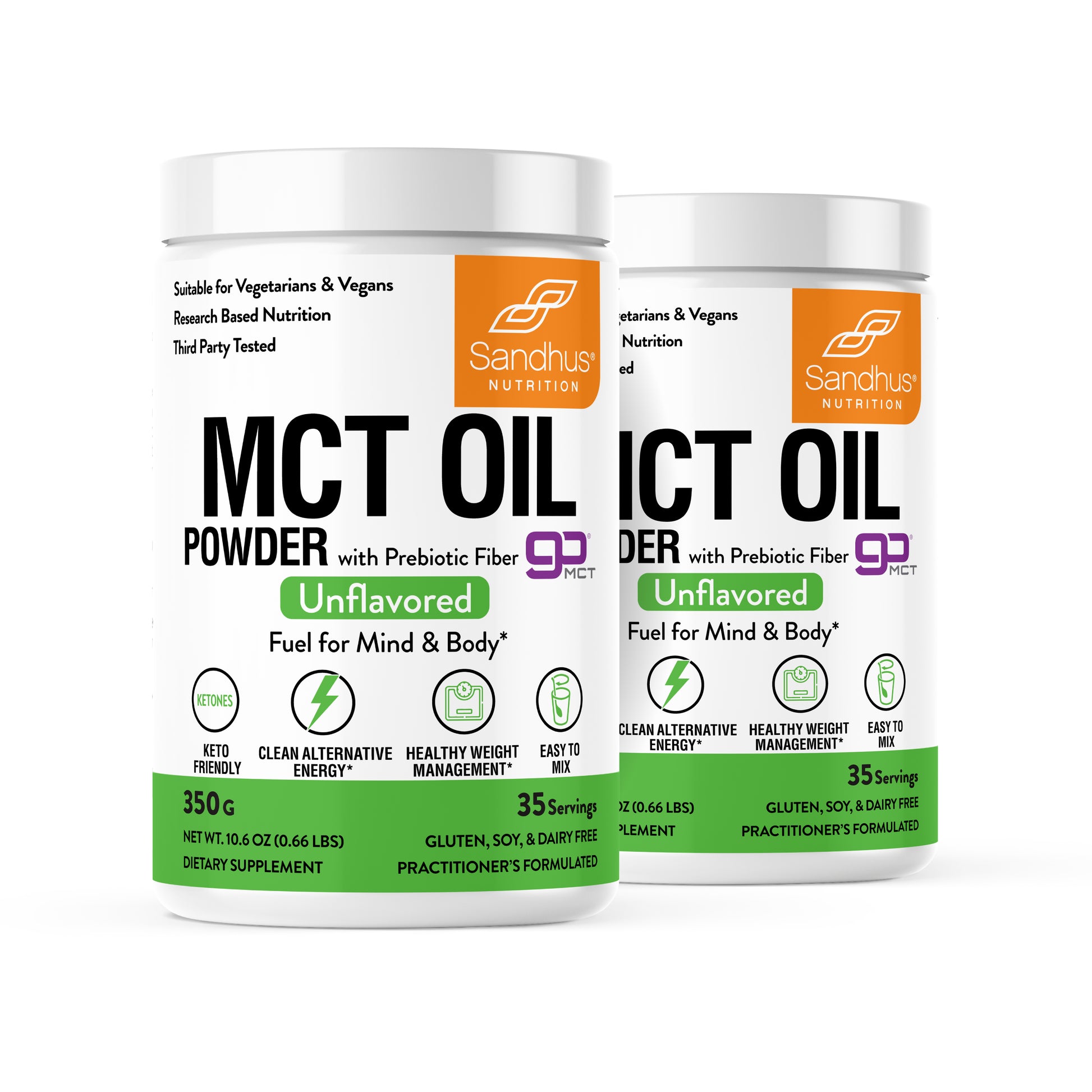 Two containers of Sandhus Nutrition MCT Oil Powder on a white background