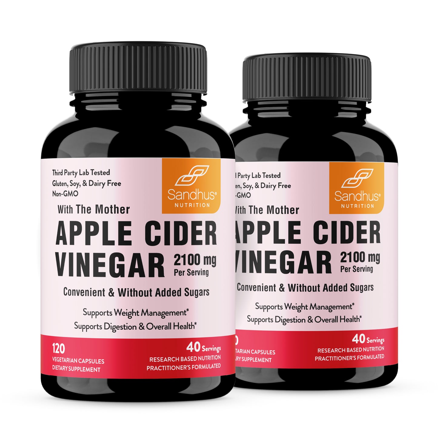 Two bottles of Sandhus Nutrition Apple Cider Vinegar on a white background