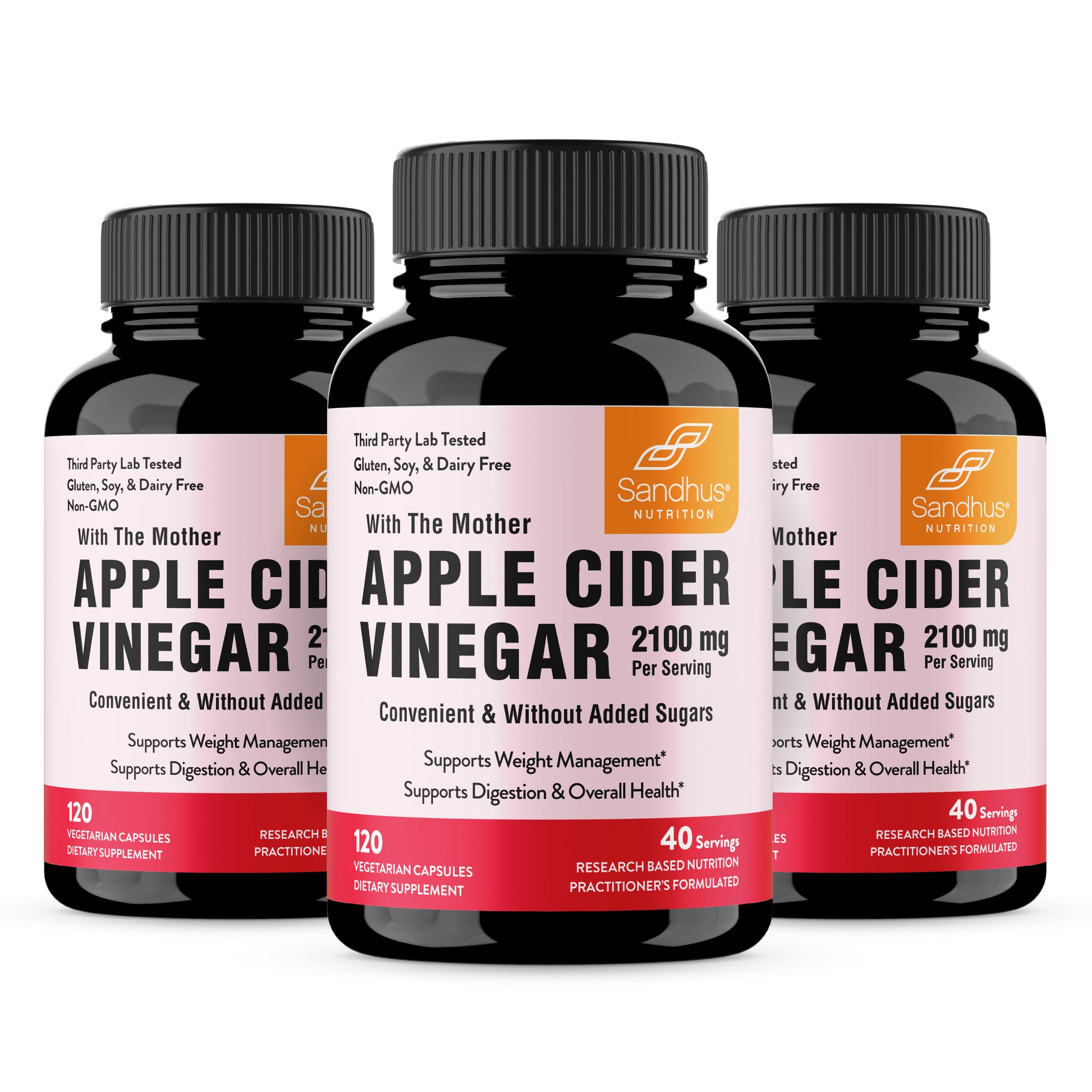 Three bottles of Apple Cider Vinegar supplements on a white background