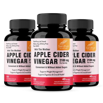Three bottles of Apple Cider Vinegar supplements on a white background