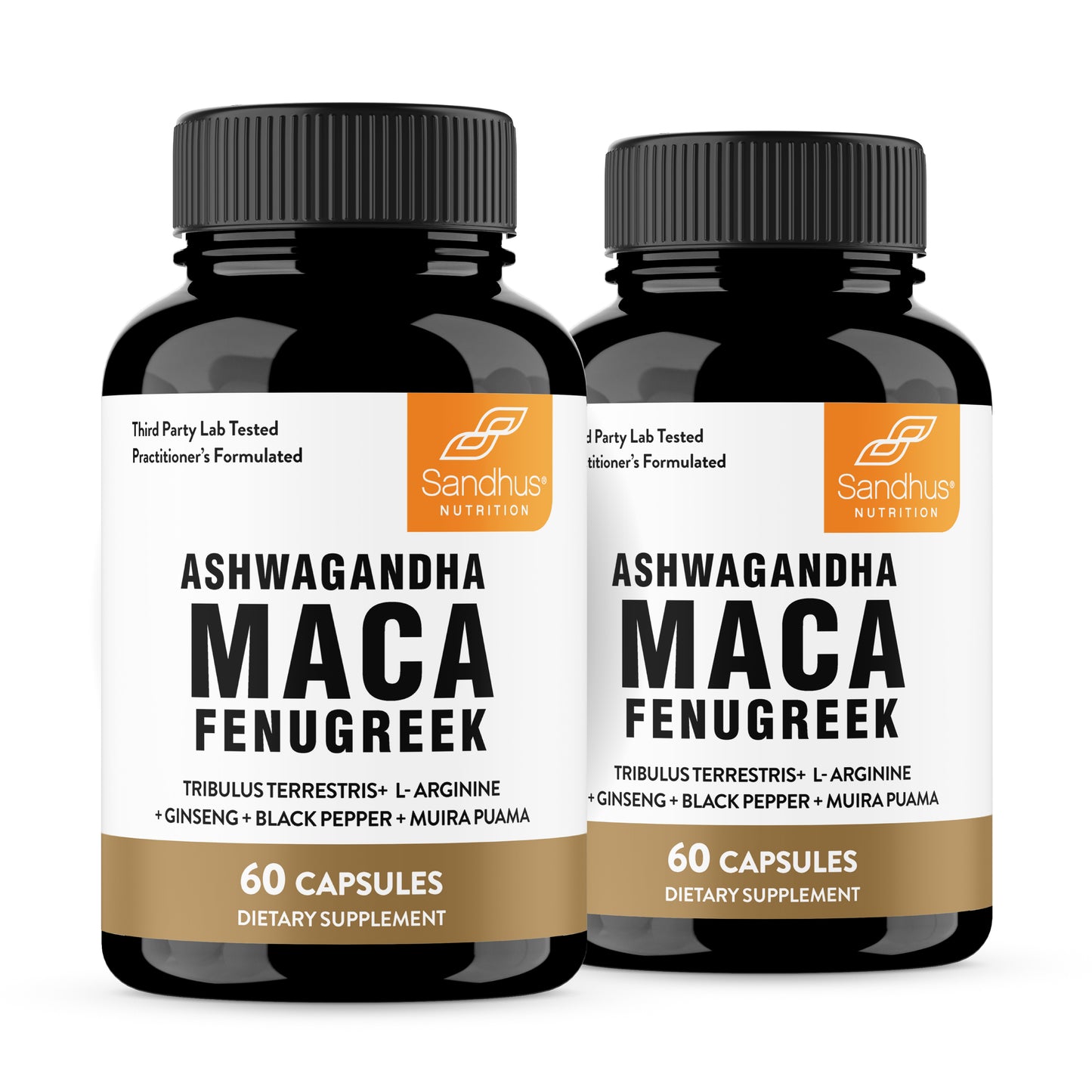 Two bottles of Ashwagandha Maca Fenugreek dietary supplements on a white background