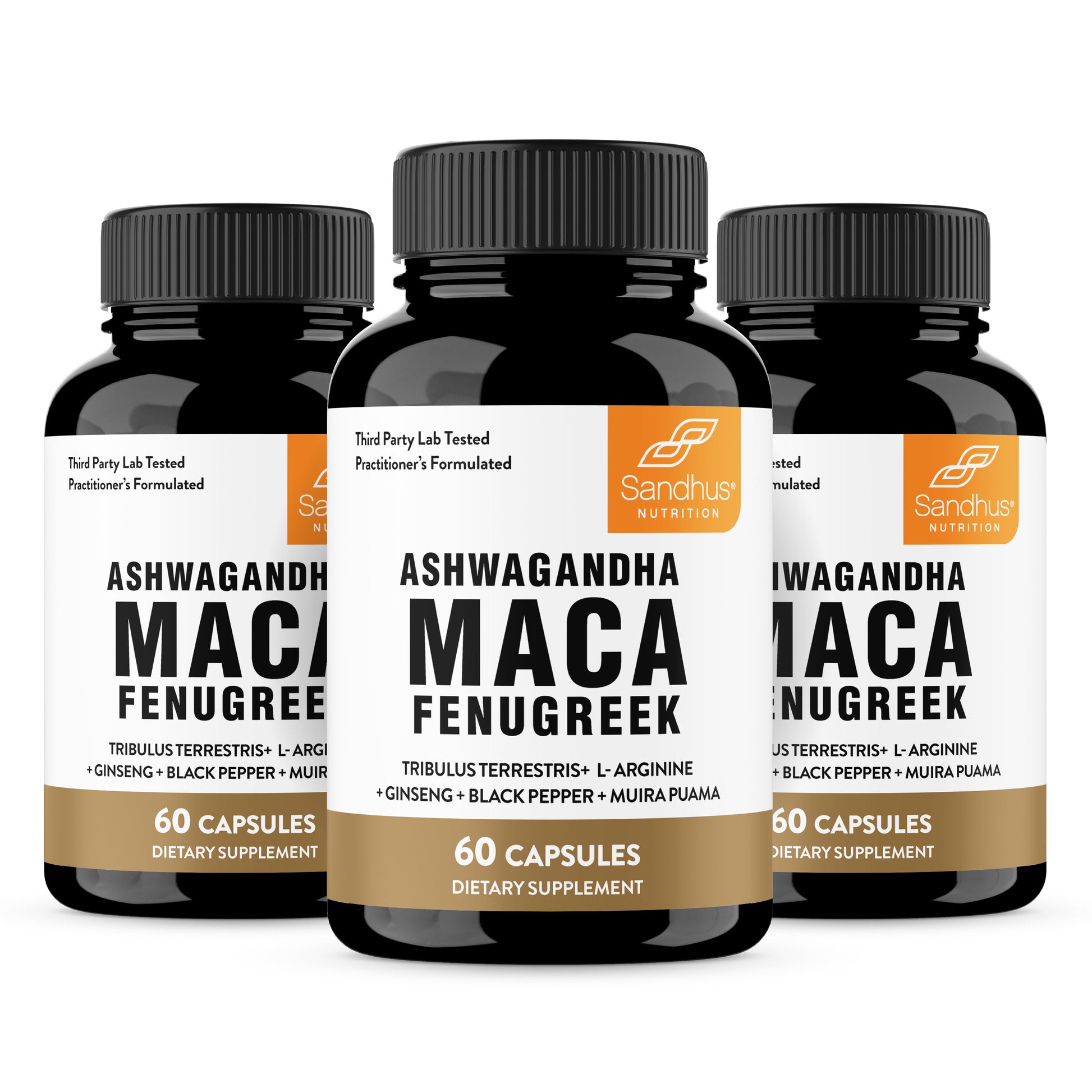 Three bottles of Ashwagandha Maca Fenugreek dietary supplements on a white background