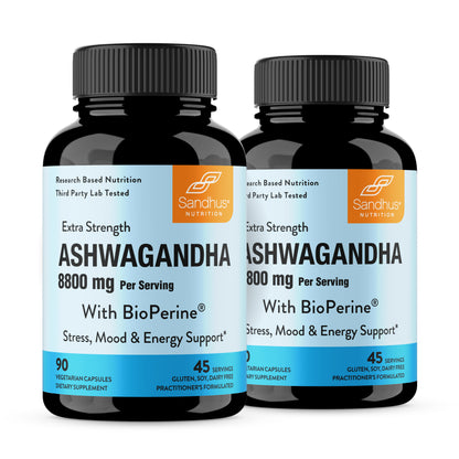 Two bottles of Sandhus Ashwagandha supplement on a white background