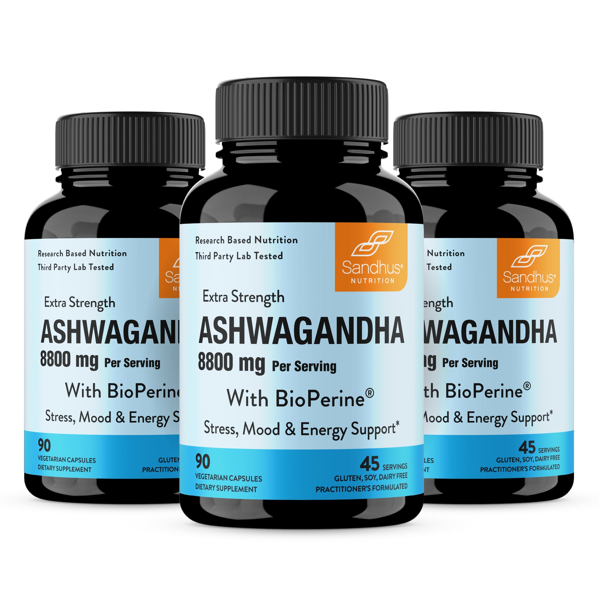 Three bottles of Sandhus Ashwagandha supplement on a white background