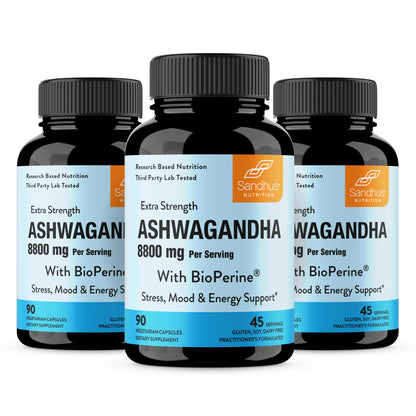 Three bottles of Sandhus Ashwagandha supplement on a white background