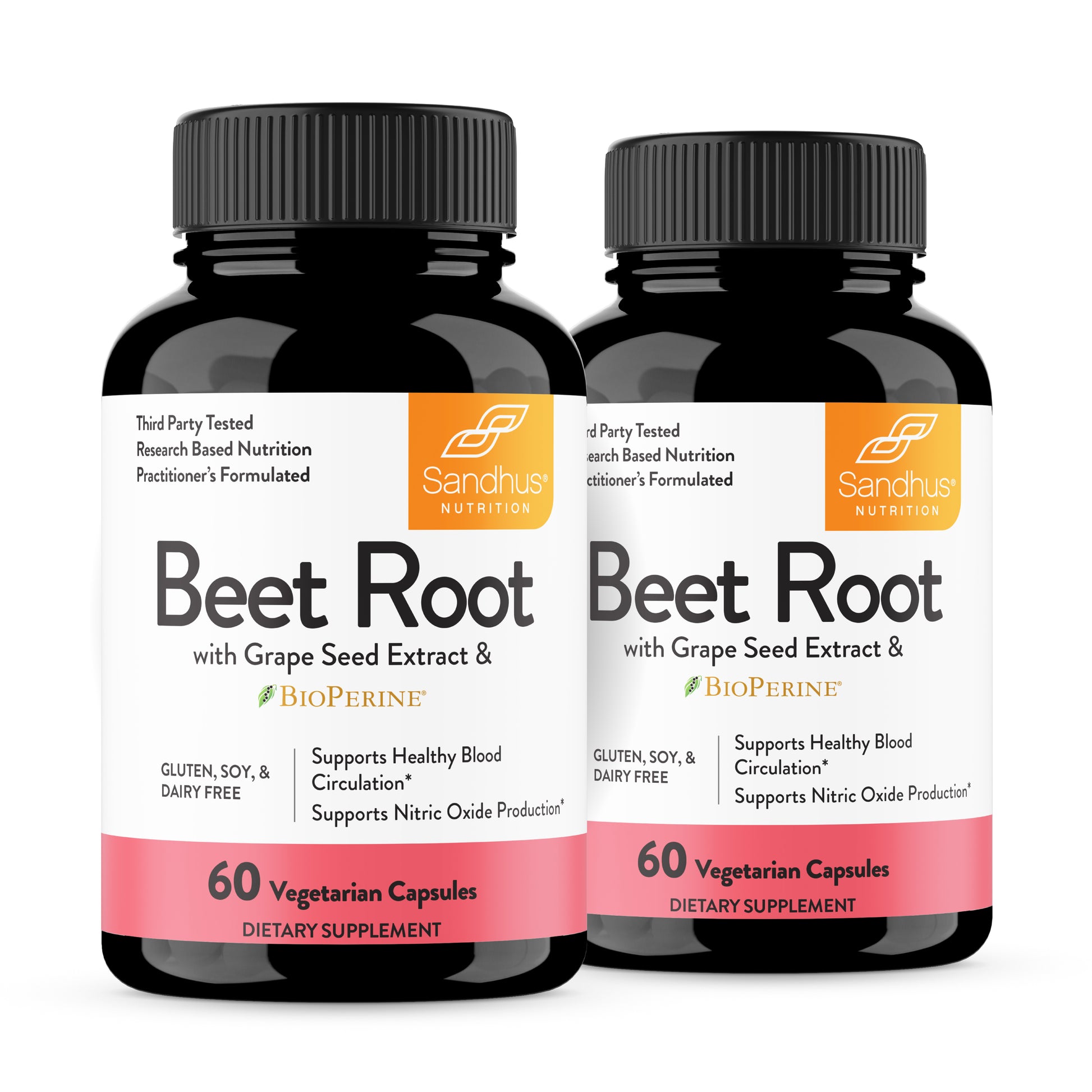 Two bottles of Sandhus Nutrition Beet Root with Grape Seed Extract on a white background