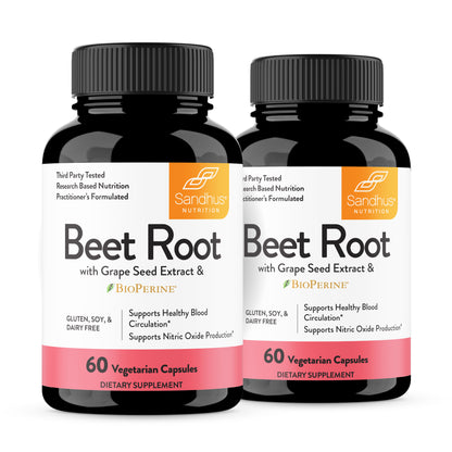Two bottles of Sandhus Nutrition Beet Root with Grape Seed Extract on a white background
