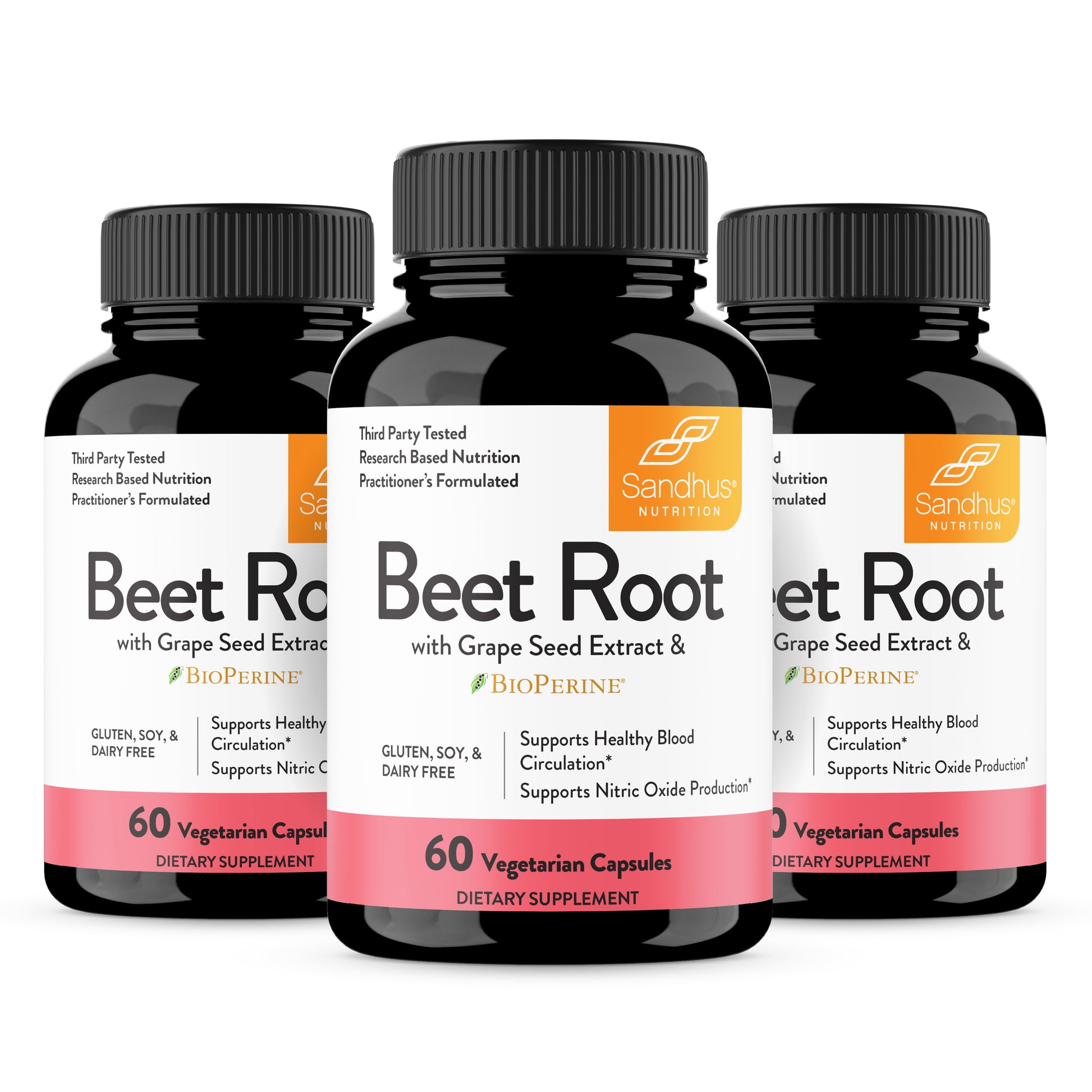 Three bottles of Beet Root supplement with Grape Seed Extract on a white background