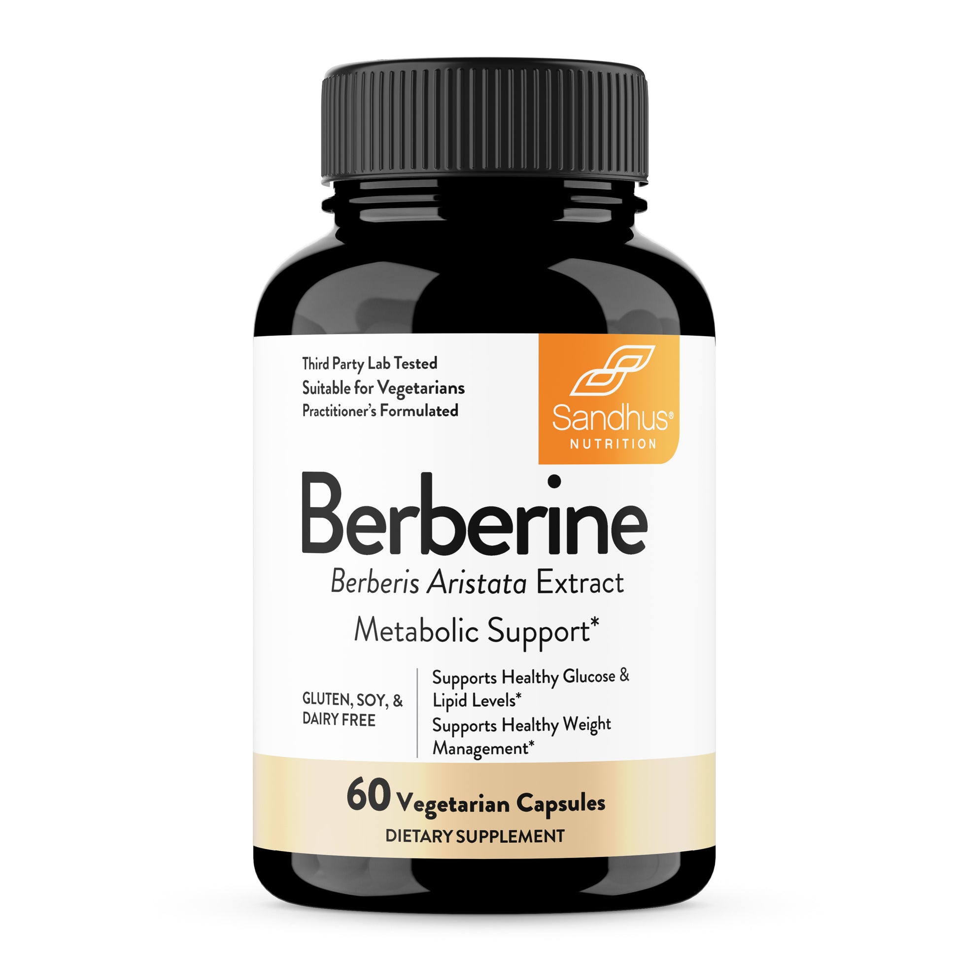 Supplement bottle labeled 'Berberine' by Sandhu Nutrition on a white background