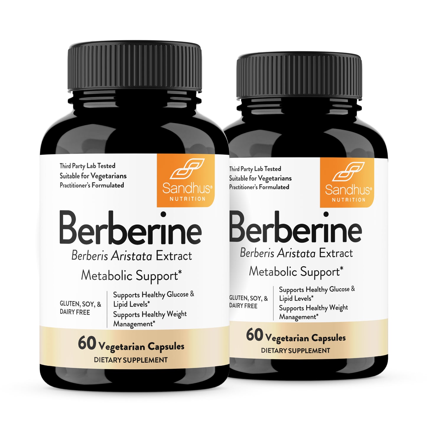 Two bottles of Sandhus Berberine supplement on a white background
