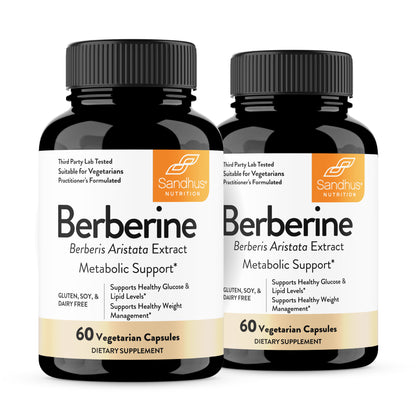 Two bottles of Sandhus Berberine supplement on a white background