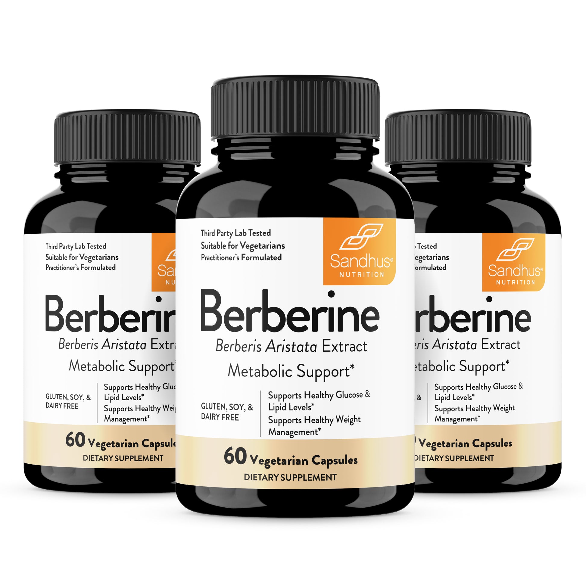 Three bottles of Berberine supplement with labels on a white background