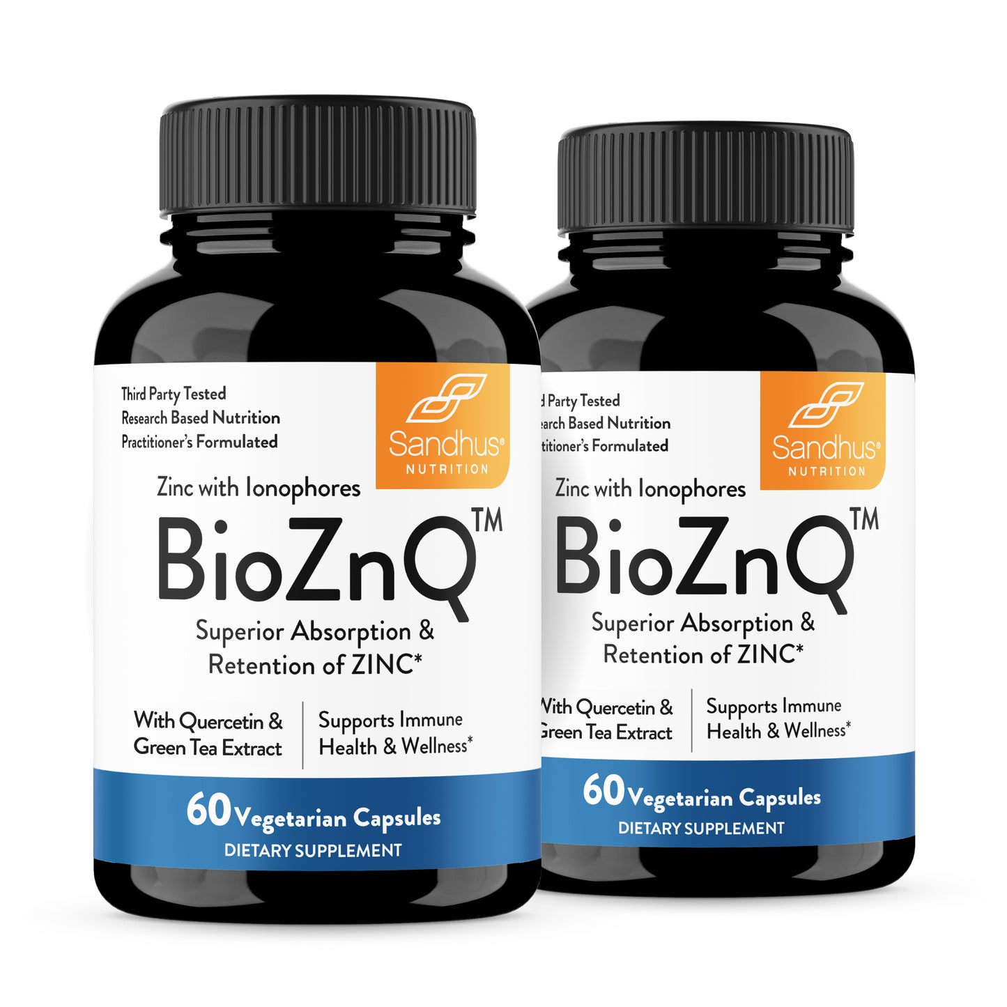 Two bottles of Sandhu BioZnQ dietary supplements on a white background