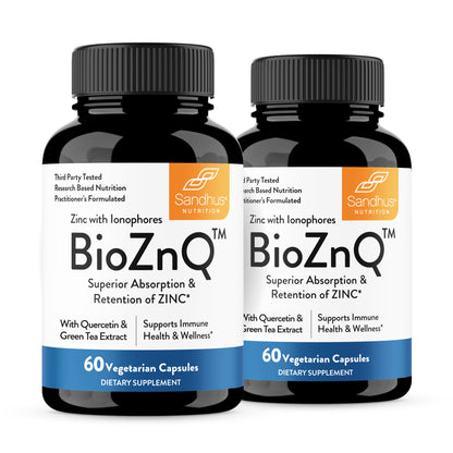 Two bottles of Sandhu BioZnQ dietary supplements on a white background