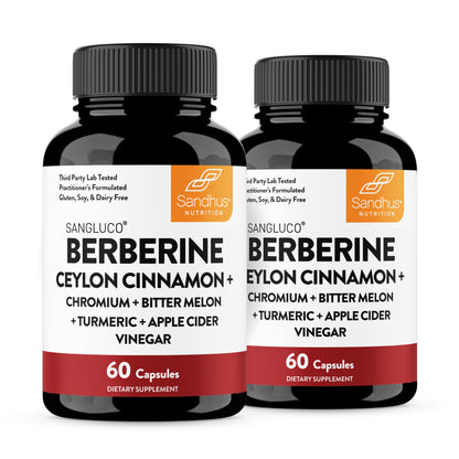 Two bottles of Sangluco Berberine supplement on a white background