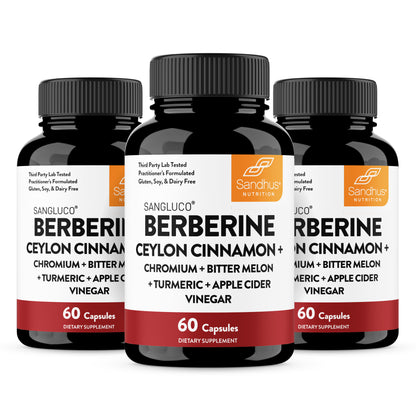 Three bottles of Sangluco Berberine Ceylon Cinnamon dietary supplements on a white background