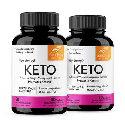 Two bottles of Sandhus Nutrition High Strength Keto supplements on a white background