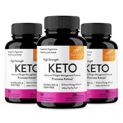 Three bottles of Sandhus Nutrition High Strength Keto supplement on a white background