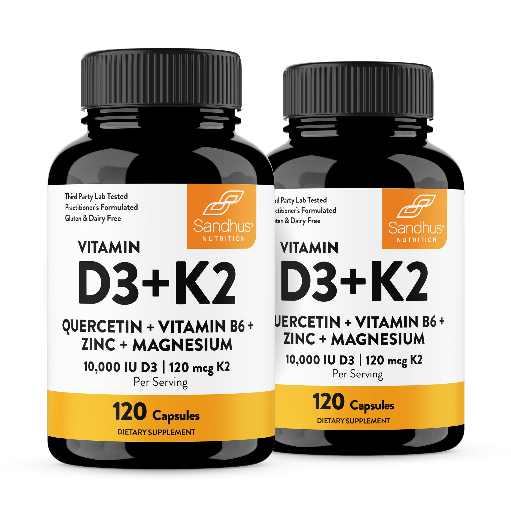 Two bottles of Sandhus Nutrition Vitamin D3+K2 supplements on a white background