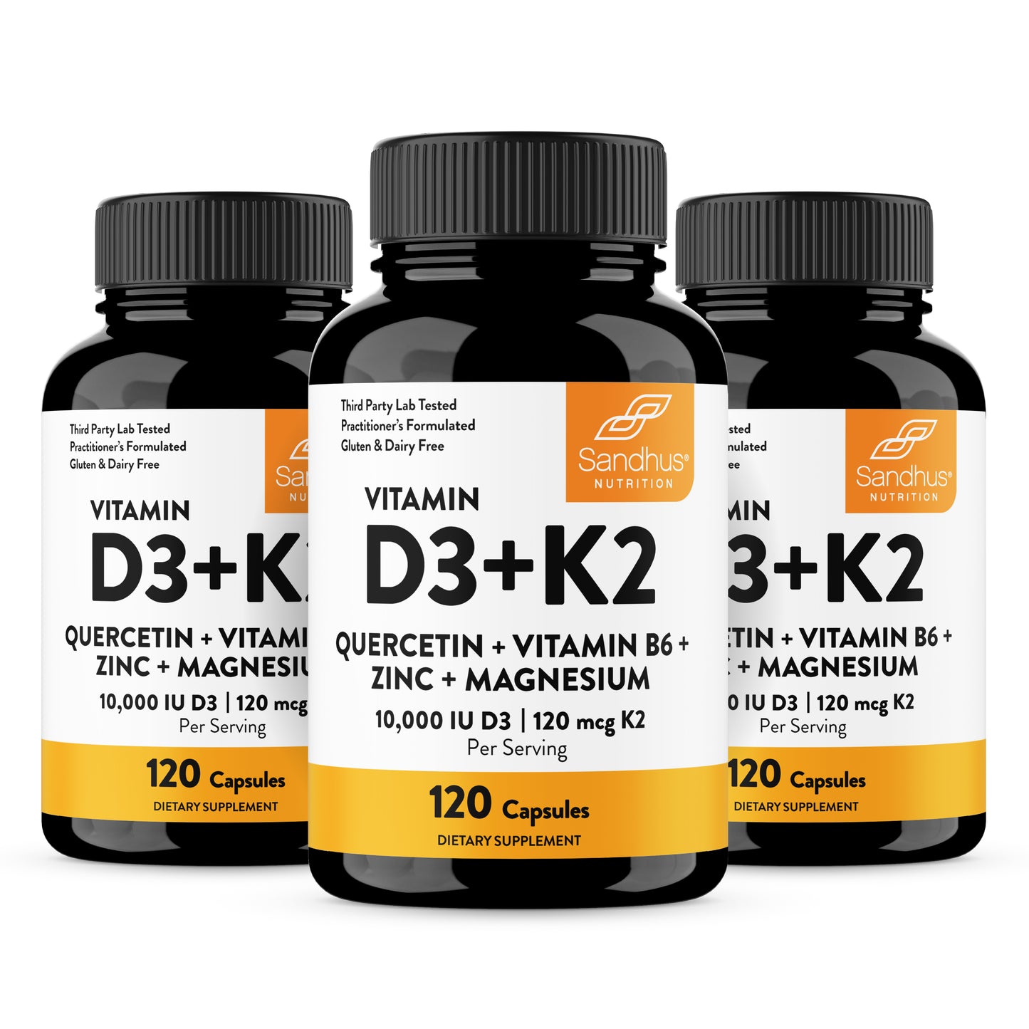Three bottles of Sandhus Nutrition Vitamin D3+K2 supplements on a white background