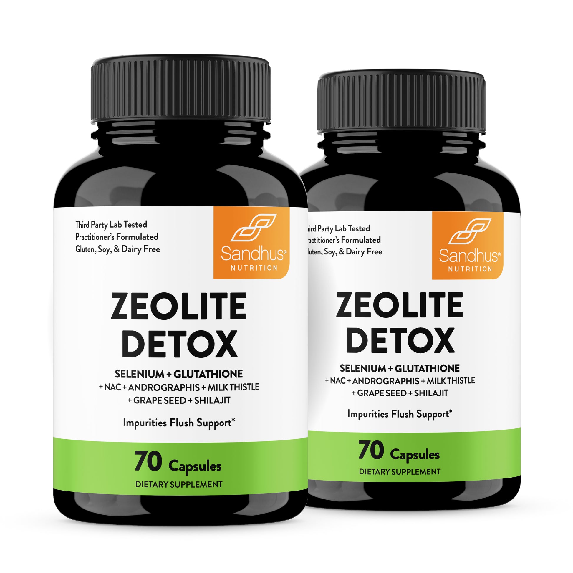 Two bottles of Sandhus Zeolite Detox supplement on a white background