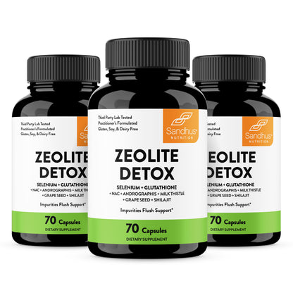 Three bottles of Sandhus Nutrition Zeolite Detox supplement on a white background
