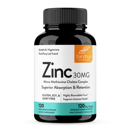 Supplement bottle labeled 'Zinc 30MG' by Sandhus Nutrition on a white background