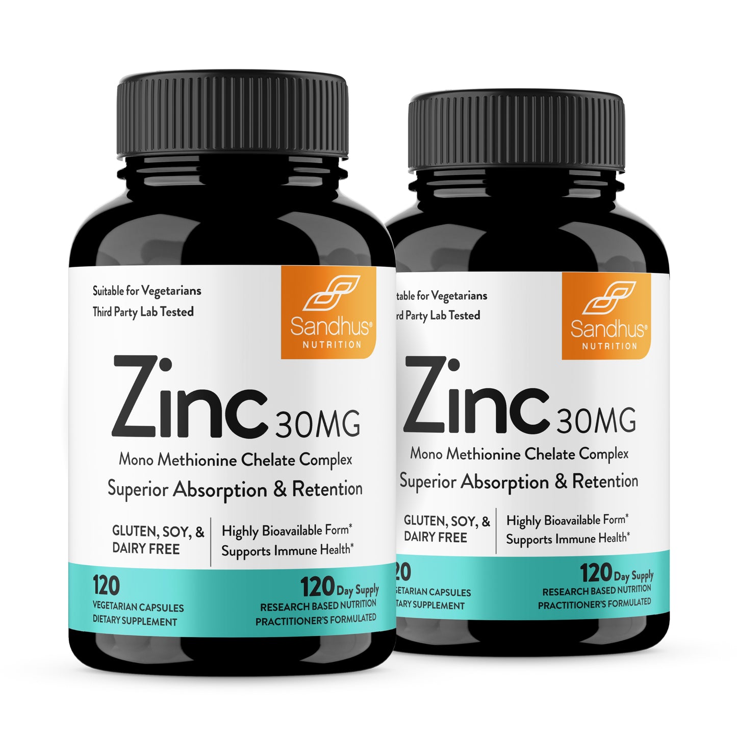 Two bottles of Sandhus Nutrition Zinc 30MG dietary supplements on a white background
