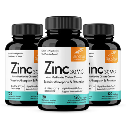 Three bottles of Sandhus Nutrition Zinc 30MG supplements on a white background